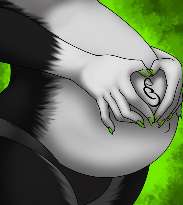 5_fingers anthro belly belly_focus big_belly black_body black_clothing black_fur black_panties black_underwear claws clothed clothing faceless_character fingers fur gesture green_background grey_body grey_fur heart_gesture male panties pregnant pregnant_anthro pregnant_male simple_background solo topless torso_shot underwear white_body white_fur sweetvixsin ventus_the_sox canid canine fox hybrid mammal mephitid skunk 2018 digital_media_(artwork)