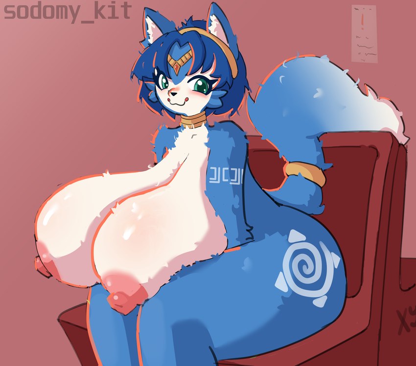 anthro big_breasts big_butt blue_body blue_fur blue_hair blue_tail blush breasts butt female fur green_eyes hair huge_breasts nipples nude red_background simple_background smile solo tail text thick_thighs white_body white_fur white_tail wide_hips sodomy_kit nintendo star_fox krystal_(star_fox) canid canine fox mammal artist_name digital_media_(artwork) english_text hi_res