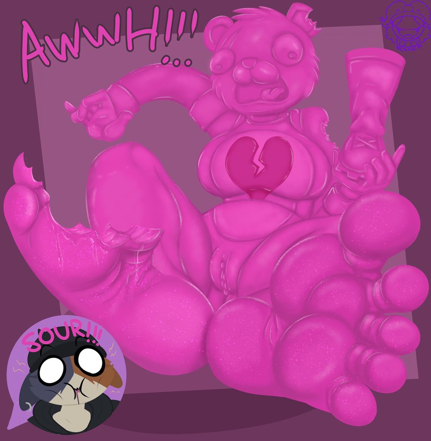 anthro barefoot bite_mark candy dessert dialogue feet female food foot_fetish foot_focus fur genitals gummy_(food) gummy_bear_(food) gummy_team_leader humanoid_feet looking_at_viewer nude open_mouth pink_body plantigrade pussy simple_background smile soles solo text toes what nexxiethejester epic_games fortnite cuddle_team_leader meow_skulls bear felid feline food_creature gummy_creature living_candy mammal absurd_res digital_media_(artwork) english_text hi_res