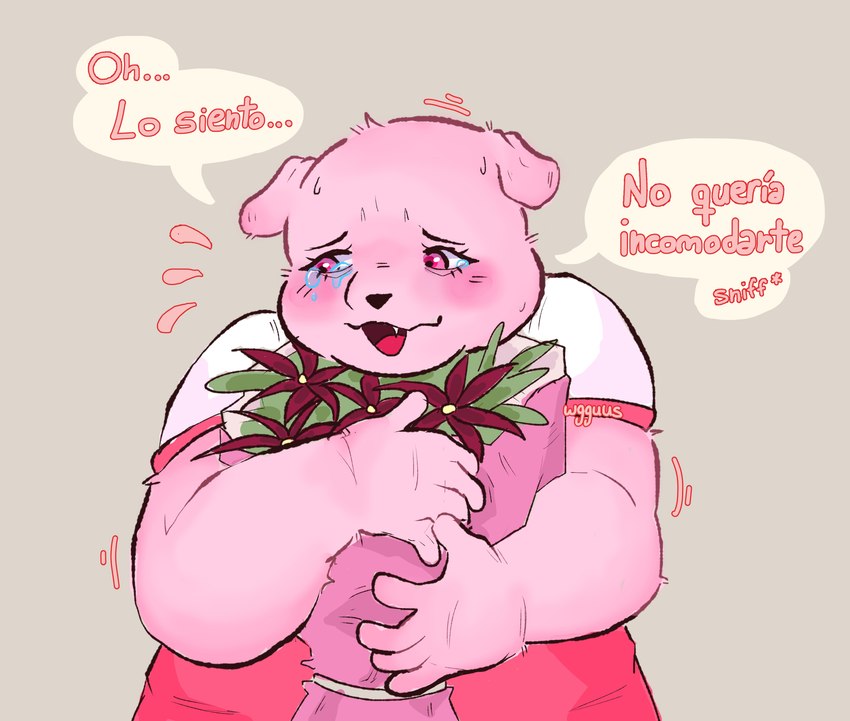 bodily_fluids crying flower humanoid_hands pink_body plant sad simple_background slightly_chubby solo tears text wgguus unicorn_wars gordi_(unicorn_wars) bear mammal 2023 hi_res spanish_text translated