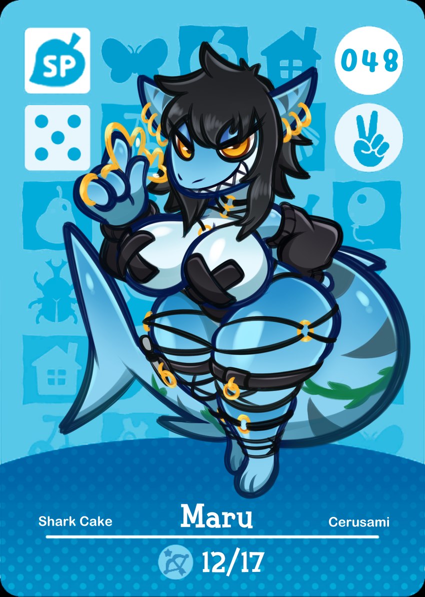 amiibo_card anthro big_breasts black_hair blue_body breasts card female hair pasties piercing solo yellow_eyes arturfox amiibo fish marine shark hi_res