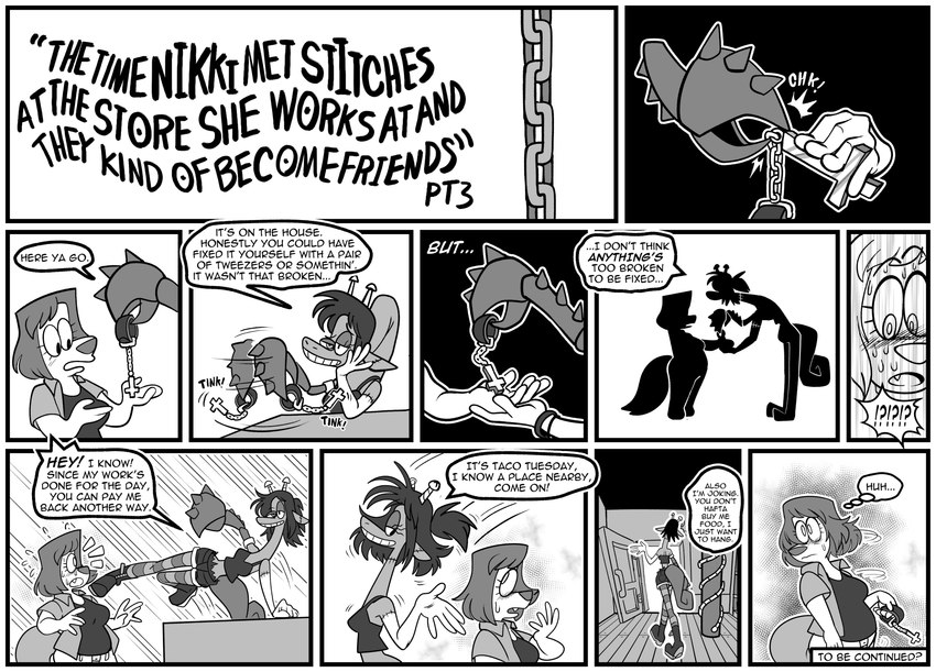 anthro blush bodily_fluids border cross cross_necklace dialogue duo female jewelry necklace pincers sweat text white_border galactabee nikki_(galactabee) stitches_(galactabee) canid canine canis chimera domestic_dog giraffe giraffid mammal patchwork_creature 2022 absurd_res comic english_text greyscale hi_res monochrome