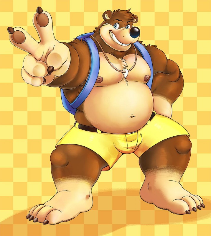 anthro belly bottomwear brown_body brown_fur bulge clothed clothing feet fur humanoid_hands jewelry male moobs musclegut muscular navel necklace nipples overweight overweight_anthro overweight_male shorts smile solo teeth topless arley_dog banjo-kazooie rareware banjo_(banjo-kazooie) bear mammal 2019 hi_res