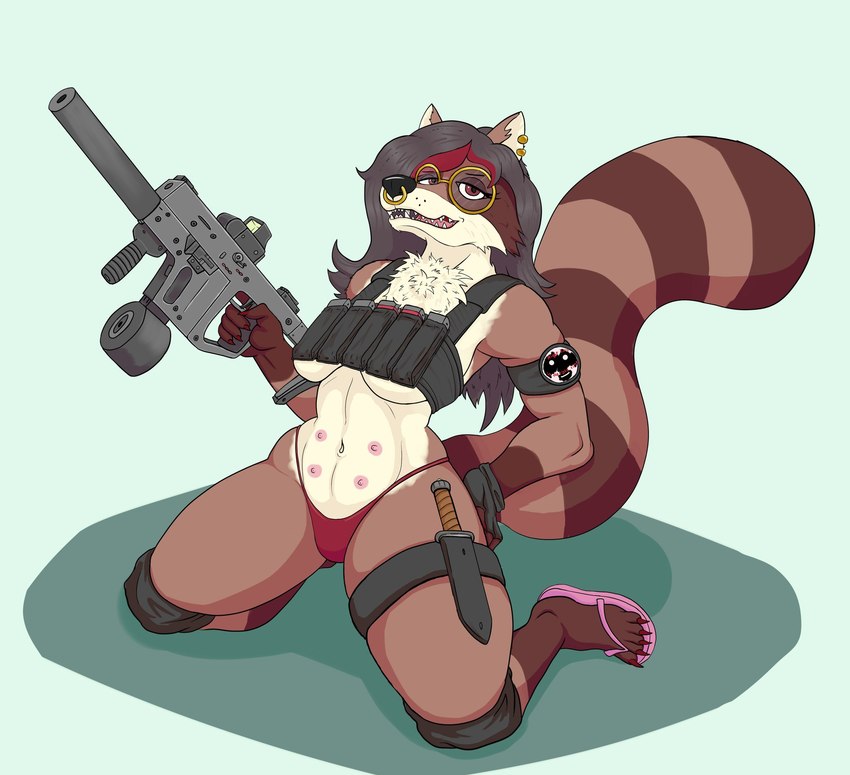 anthro big_breasts bikini_thong breasts bulletproof_vest cheek_tuft chest_tuft claws clothed clothing dark_hair drum_magazine ear_piercing ear_ring eyewear facial_piercing facial_tuft female finger_claws glasses gloves_(marking) gun hand_on_leg highlights_(coloring) kneeling knife kriss_vector leg_markings markings multi_nipple nipples nose_piercing nose_ring partially_clothed piercing ranged_weapon red_eyes red_highlights ring_piercing septum_piercing sharp_teeth silencer socks_(marking) solo submachine_gun swimwear tactical_bra teeth thick_thighs toe_claws tuft weapon whisker_spots snakedakyoot sammy_(murrmomi) mammal procyonid raccoon digital_media_(artwork) hi_res