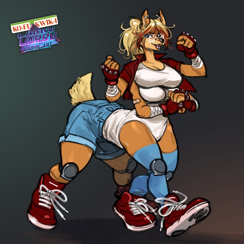 4_arms 4_breasts 4_legs bottomwear breasts clothed clothing denim denim_bottomwear denim_clothing denim_shorts female footwear fully_clothed furgonomics knee_pads multi_arm multi_breast multi_leg multi_limb multifur shoes shorts sneakers solo streetwear larru-larru alexis_(sleeps-darkly) bandicoot mammal marsupial taur 1:1