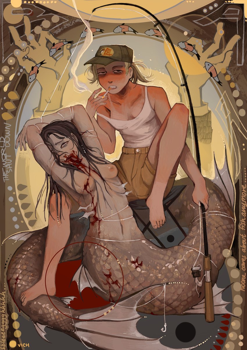 arms_above_head arms_tied barefoot baseball_cap blonde_hair blood blood_in_mouth bloodshot_eyes bodily_fluids bottomwear bound breast_torture breasts brown_hair chair cigarette cleavage clothed clothing corpse death duo feet female female_death fin fish_hook fishing_rod foot_on_tail furniture gills glistening glistening_body glistening_breasts glistening_scales gore_focus hair half-closed_eyes hat headgear headwear hook long_hair narrowed_eyes nipples nosebleed not_furry on_chair scales shirt shorts sitting sitting_on_chair skindentation smoke smoking smoking_cigarette split_form sunburn suntan tail tail_fin tan_body tan_line tan_scales tan_skin tank_top topwear wet_hair vich bass_pro_shops mermay ambient_fish ambient_sealife fish human humanoid mammal marine merfolk absurd_res digital_media_(artwork) digital_painting_(artwork) hi_res