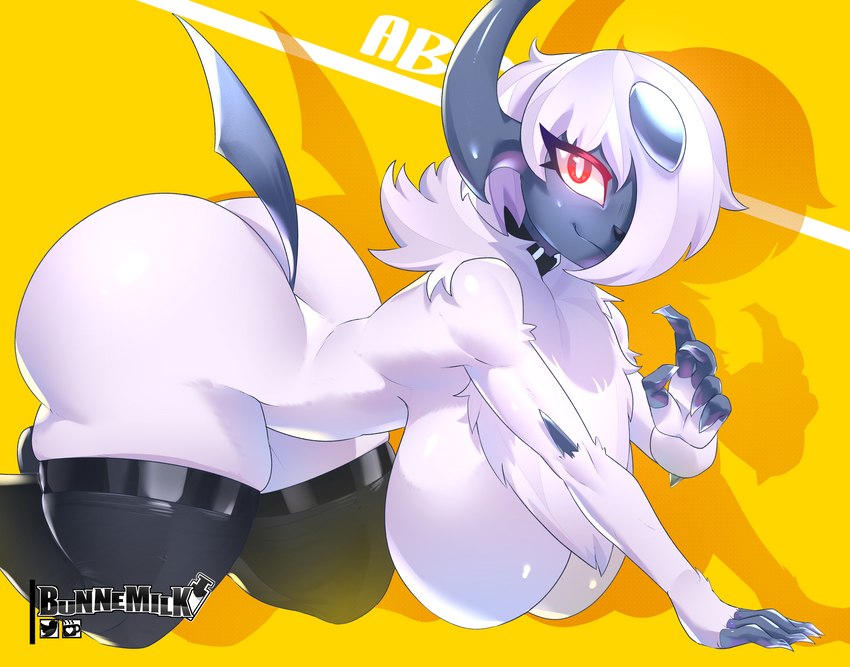 anthro big_breasts breasts butt claws female finger_claws fur hair hair_over_eye hanging_breasts one_eye_obstructed red_eyes simple_background solo tail thick_thighs white_body white_fur white_hair bunnemilk nintendo pokemon absol generation_3_pokemon pokemon_(species) absurd_res hi_res