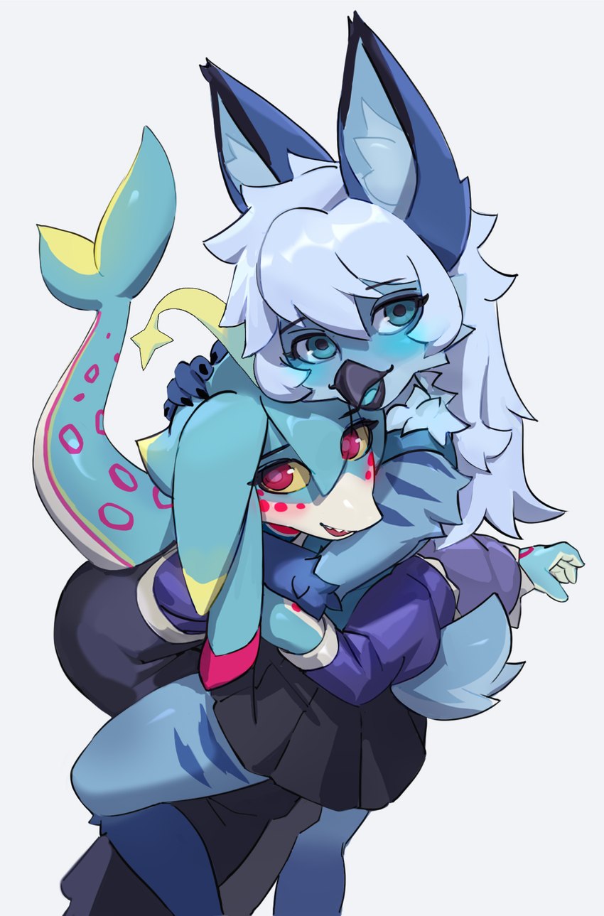 antennae_(anatomy) anthro armwear blue_body blue_eyes blue_fur blue_insides blue_mouth blue_skin blue_tongue blush claws clothing cyanotic_epithelium detached_sleeves duo eyebrow_through_hair eyebrows female female/female fin finger_claws fish_tail fur hair hug inner_ear_fluff long_hair looking_at_viewer markings neck_tuft pseudo_hair red_eyes scut_tail short_tail simple_background striped_markings stripes tail tongue translucent translucent_hair tuft unusual_insides white_hair yellow_sclera flokipainter terena_(axel0527) wuneng_(ansfwsnake) avian bird fish hybrid lagomorph leporid mammal marine rabbit shark digital_media_(artwork) hi_res portrait three-quarter_portrait