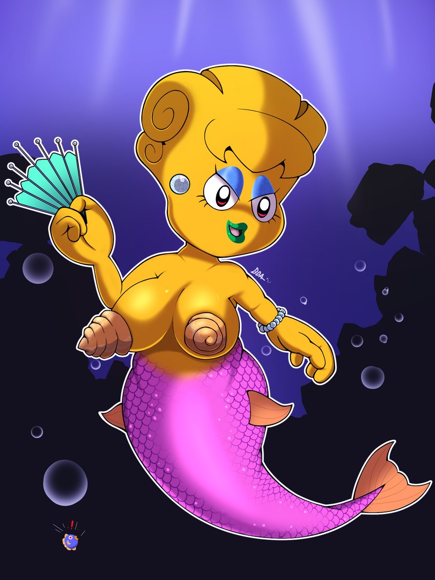 big_breasts breasts bubble conch duo exclamation_point female hand_fan heart_eyes heart_symbol not_furry pasties solo_focus split_form underwater water evasidelights kirby:_right_back_at_ya! kirby_(series) mermay nintendo kine_(kirby) lady_like humanoid marine merfolk 3:4 hi_res