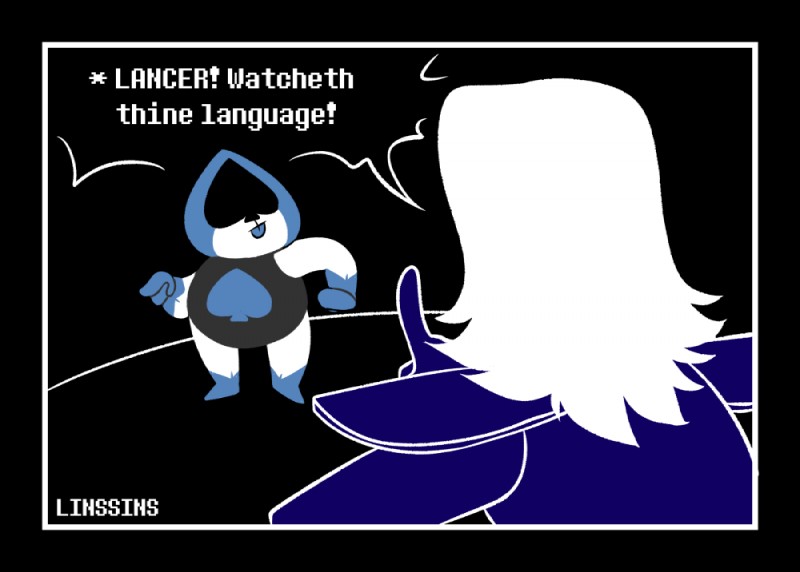 black_border border duo hair long_hair profanity simple_background spades_(suit) suit_symbol text linssins deltarune undertale_(series) lancer_(deltarune) rouxls_kaard darkner humanoid 2018 english_text