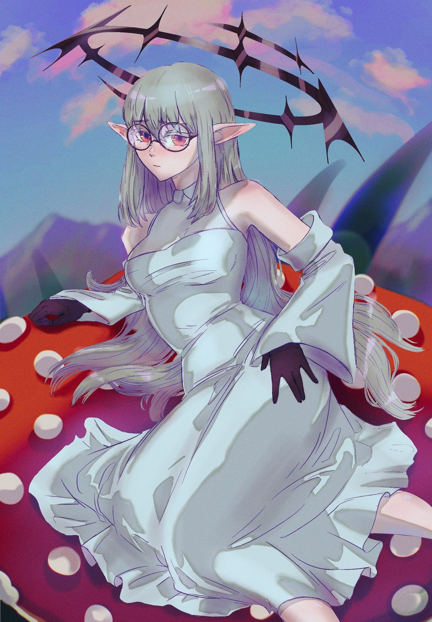 clothed clothing dress eyewear female fungus glasses gloves hair handwear humanoid_pointy_ears long_hair lying mountain mushroom on_side sky solo white_hair iarterlyx fairy humanoid hi_res