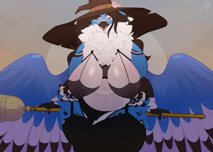 anthro beak big_breasts bra breasts broom cleaning_tool clothing feathered_wings feathers female front_view garter_straps hat headgear headwear legwear neck_tuft open_mouth overweight overweight_anthro overweight_female solo thick_thighs thigh_highs tuft underwear wide_hips wings witch_costume witch_hat eliotak mythology lulu_(zerach) avian bird canid canine columbid dove fox gryphon hybrid mammal mythological_avian mythological_creature