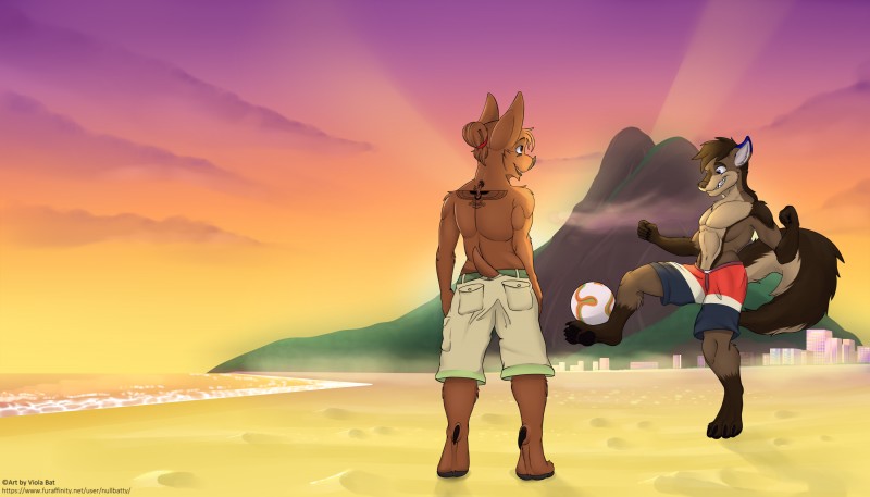 anthro ball beach bottomwear building city clothing cloud detailed_background duo mountain nature outside sand sea seaside shorts smile soccer sport sunset tattoo text water viola_bat novak viola_bat_(character) bat canid canine canis felid hybrid lion mammal pantherine wolfdog 7:4 absurd_res digital_media_(artwork) digital_painting_(artwork) hi_res url