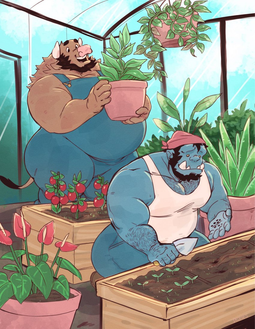 anthro beard belly black_beard black_facial_hair black_hair blue_body blue_skin body_hair brown_body brown_fur clothing dirt duo facial_hair flower food fruit fur greenhouse hair hat headgear headwear holding_object horn kneeling male overweight overweight_anthro overweight_male plant plant_pot shirt sprout_(plant) standing suspenders tank_top tomato topwear vivarium white_clothing white_shirt white_tank_top white_topwear juicestandmango mango_(juicestandmango) slug_(juicestandmango) bovid bovine cattle humanoid mammal orc hi_res andromorph_(lore)