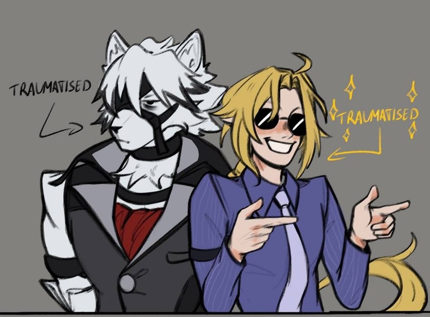 anthro blonde_hair butler duo eyewear finger_gun fur gesture grin hair hand_gesture harness humanoid_pointy_ears humor leather leather_harness long_hair male pointy_ears ponytail smile sunglasses text white_body white_fur je_shizo mihoyo zenless_zone_zero hugo_vlad von_lycaon canid canine canis humanoid mammal thiren wolf english_text