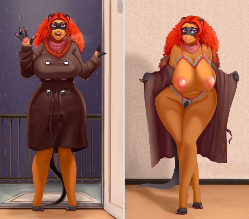 anthro big_breasts breasts clothed clothing curvy_figure female flashing hair looking_at_viewer nipples partially_clothed pubes red_hair solo standing voluptuous wide_hips mewpan faye_(ipan) domestic_ferret fey mammal mustelid musteline true_musteline weasel