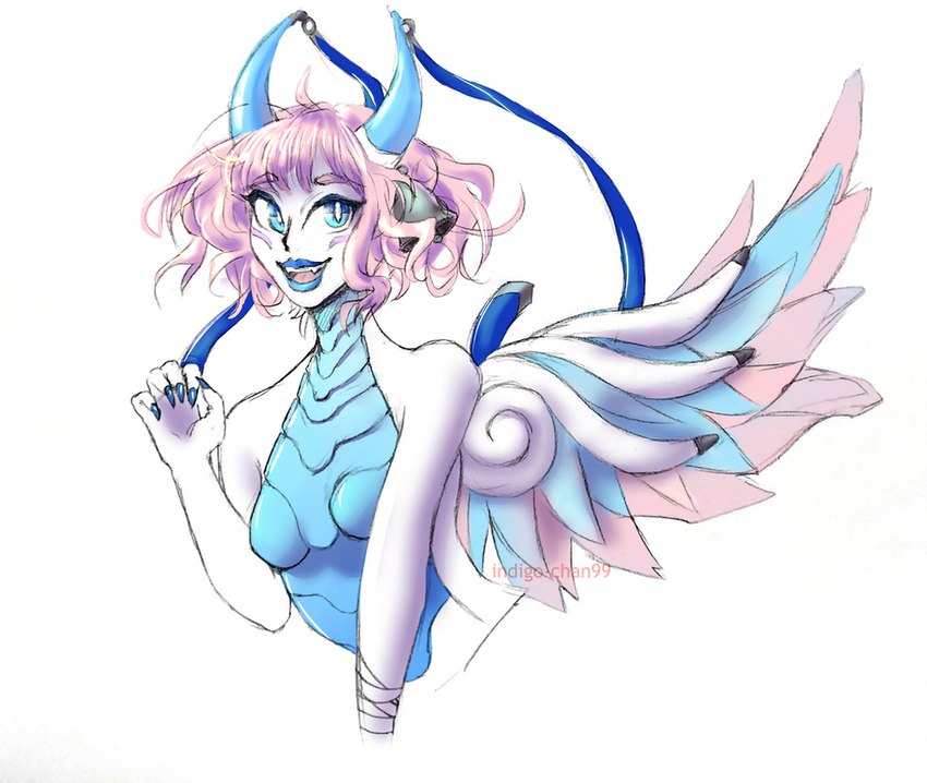 2_horns accessory bandage bandaged_arm bangs bell blue_body blue_countershading blue_eyes blue_horn blue_lips breasts countershade_neck countershade_scales countershade_torso countershading eyebrows facial_markings fangs feathered_wings feathers featureless_breasts female furgonomics glistening glistening_breasts hair head_markings horn horn_accessory horn_jewelry jewelry lips markings nails nude open_mouth open_smile pink_hair ribbons scales sharp_nails short_hair small_breasts smile solo teeth ventral_scales white_body wings indigo-chan99 dollightful_(copyright) mythology zephie_(dollightful) animal_humanoid dragon dragon_humanoid horned_humanoid humanoid mythological_creature mythological_scalie scalie winged_humanoid