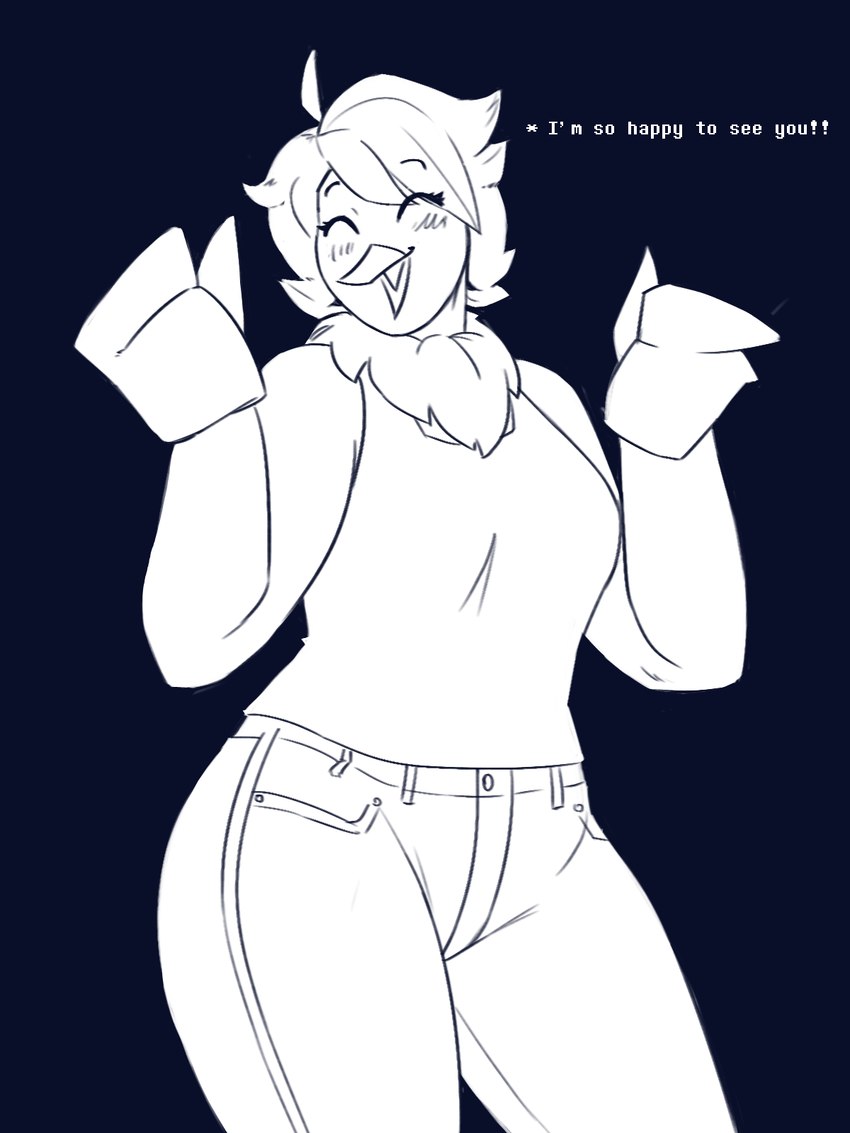 anthro blush blush_lines bottomwear breasts clothing curvy_figure denim denim_bottomwear denim_clothing encouragement female happy jeans pants shirt solo tank_top topwear wide_hips wings dracozhilla undertale_yellow martlet_(undertale_yellow) avian bird humanoid hi_res