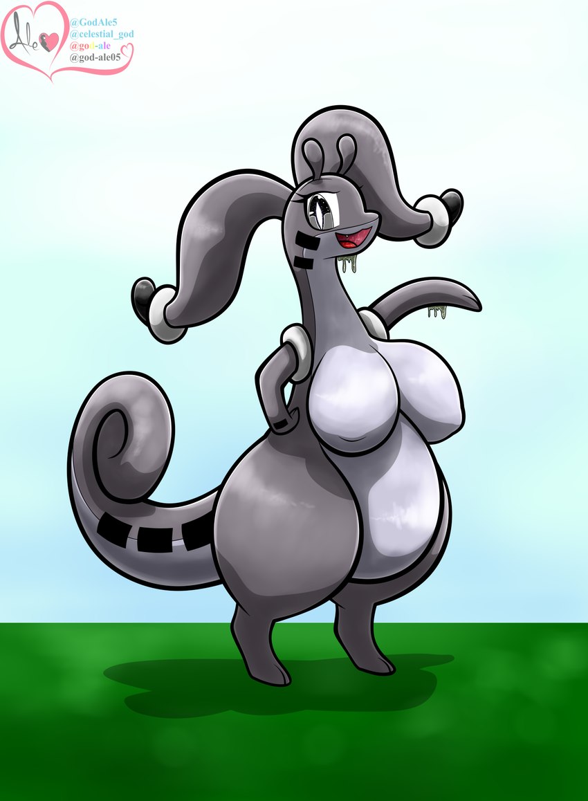 antennae_(anatomy) belly big_belly big_breasts big_eyes black_eyes breasts busty_feral female feral grey_body grey_skin huge_breasts open_mouth simple_background solo thick_thighs wide_hips god-ale nintendo pokemon kitamanchas generation_6_pokemon goodra humanoid pokemon_(species) hi_res