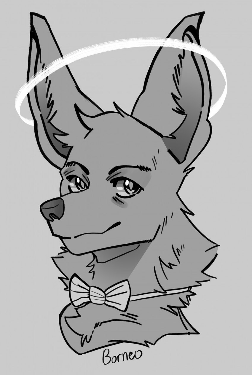 anthro big_ears bow_tie glistening glistening_eyes halo looking_at_viewer male mouth_closed simple_background solo 100racs canid canine fennec_fox fox mammal true_fox headshot_portrait hi_res monochrome portrait