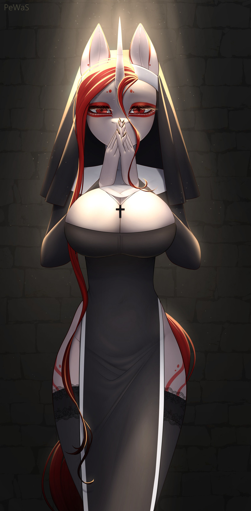 anthro big_breasts black_nails breasts christian_symbol christianity cleavage clothed clothing colored_nails cross cross_necklace cutie_mark dress eyeshadow female habit hair headgear headwear horn jewelry legwear light light_rays long_hair looking_at_viewer makeup nails necklace nun nun_habit nun_outfit pelvic_curtain pose praying red_clothing red_eyes red_eyeshadow red_headwear religion religious_clothing solo standing stockings pewas hasbro my_little_pony mythology fan_character isis_(oc) equid equine mammal mythological_creature mythological_equine unicorn absurd_res hi_res