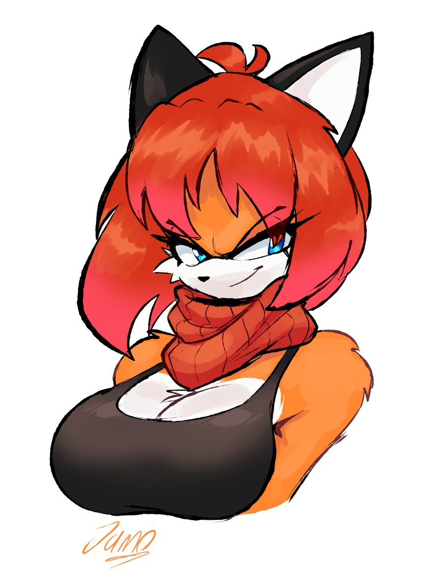 anthro arm_tuft big_breasts blue_eyes breasts chest_tuft clothing eyebrows eyelashes female fur hair orange_body orange_fur red_hair scarf short_hair shoulder_tuft smile smirk solo tuft white_body white_fur jamoart canid canine fox mammal 2024 hi_res