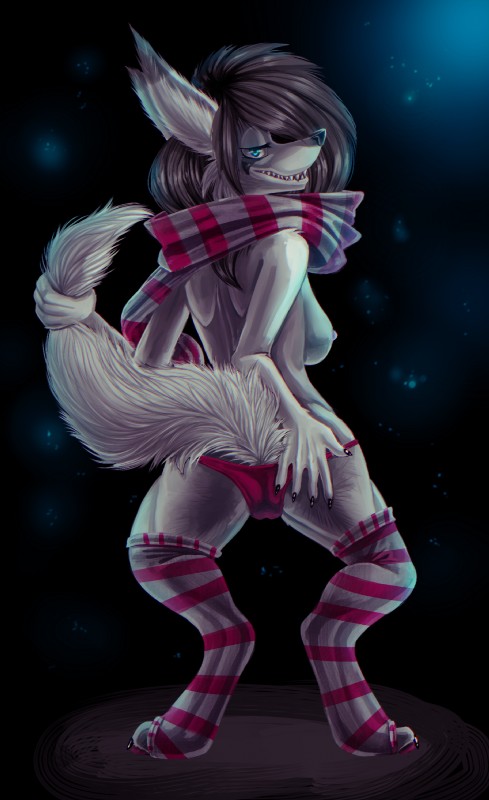 anthro butt clothing female gloves handwear legwear presenting presenting_hindquarters scarf seductive solo spread_butt spreading stockings grostenmeiers dayvan canid canine canis jackal mammal hi_res