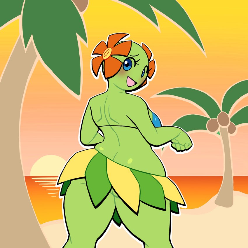 beach bikini bikini_top blue_eyes bottomwear breasts butt clothed clothing coconut drupe_(fruit) female flower food fruit green_body green_skin looking_back no_underwear open_mouth outside palm_tree plant sand seaside skirt solo standing sunset swimwear tree two-piece_swimsuit water lovetopullmicke nin10doh! nintendo pokemon pokemon_snap_xxx bellossom elemental_creature elemental_humanoid flora_fauna generation_2_pokemon humanoid plant_humanoid pokemon_(species) 1:1 absurd_res hi_res