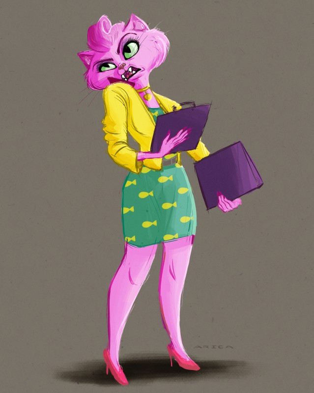 anthro biped bottomwear cardigan cellphone clothing colored_sclera dress electronics female footwear green_eyes high_heels phone shoes skirt solo whiskers arica_tuesday_(artist) bojack_horseman netflix princess_carolyn domestic_cat felid feline felis mammal 2015 absurd_res hi_res