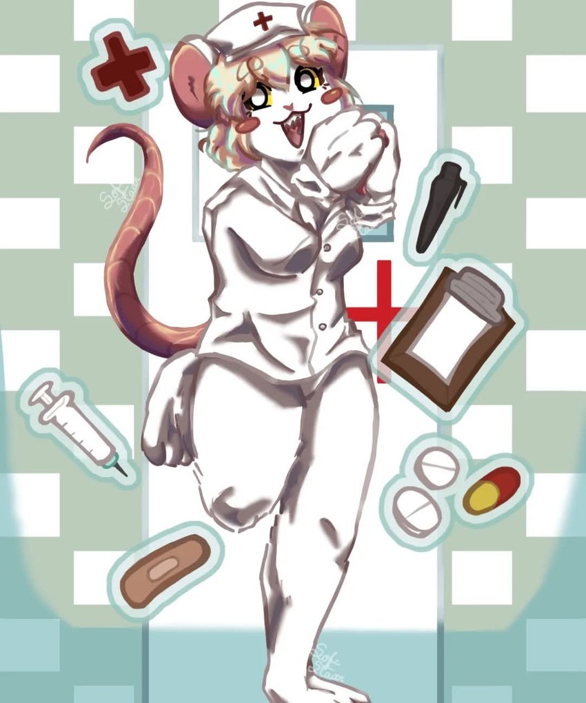 anthro black_eyes blonde_hair blood blush bodily_fluids breasts claws clothing female fur hair hat headgear headwear medicine nurse nurse_clothing nurse_headwear pawpads paws smile solo syringe white_body white_fur yellow_eyes sofia_tineo terrible_mouse lorna_(terrible_mouse) mammal mouse murid murine rat rodent 5:6 hi_res
