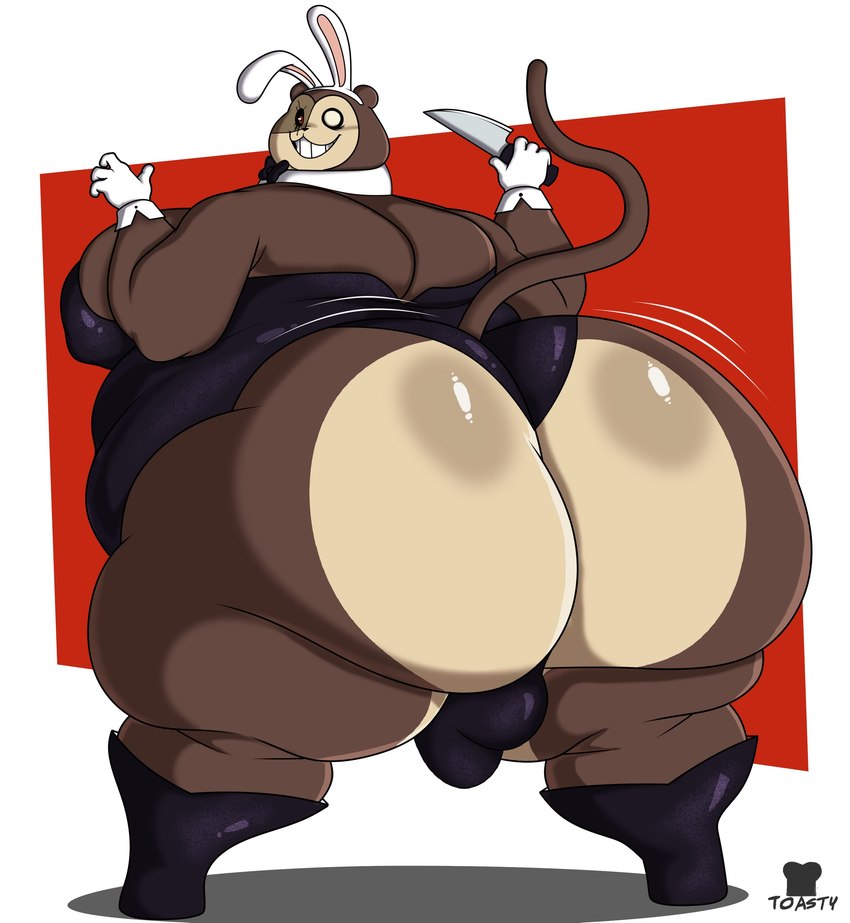 anthro big_butt big_moobs biped black_boots black_bow_tie black_clothing black_footwear black_leotard black_sclera black_shoes boots bow_tie brown_body brown_ears brown_fur brown_tail bulge butt clothing detailed_bulge fake_ears fake_rabbit_ears footwear fur glistening glistening_butt gloves handwear heterochromia holding_knife holding_melee_weapon holding_object holding_weapon huge_butt hyper hyper_butt knife leotard looking_at_viewer looking_back male melee_weapon moobs multicolored_body multicolored_fur obese obese_anthro obese_male overweight overweight_anthro overweight_male red_eyes shirt_cuffs shoes smile solo standing tail teeth thick_thighs two_tone_body two_tone_fur weapon white_clothing white_eyes white_gloves white_handwear toastyboi max_design_pro max_(max_design_pro) haplorhine mammal monkey primate 2024 absurd_res artist_name digital_media_(artwork) hi_res