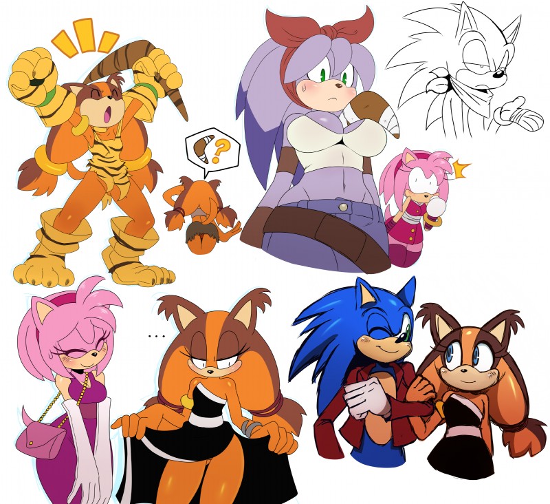 anthro big_breasts blue_body blue_eyes blue_fur boomerang breasts cleavage clothed clothing cosplay female fur green_eyes group hair male one_eye_closed pink_body pink_fur pink_hair purse question_mark thick_thighs wide_hips wink sssonic2 samurai_shodown sega sonic_boom sonic_the_hedgehog_(series) amy_rose cham_cham perci_the_bandicoot sonic_the_hedgehog sticks_the_jungle_badger badger bandicoot eulipotyphlan hedgehog mammal marsupial mustelid musteline 2014 absurd_res digital_media_(artwork) hi_res