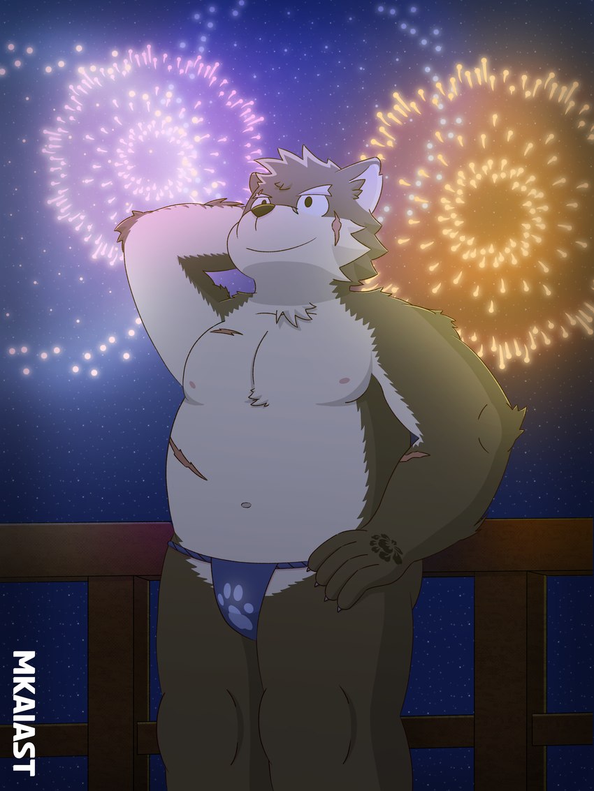 anthro asian_clothing brown_body brown_fur clothing east_asian_clothing fireworks fundoshi fur japanese_clothing male navel night nipples scar solo underwear mkaiast lifewonders tokyo_afterschool_summoners moritaka_(tas) canid canine canis domestic_dog mammal 3:4 absurd_res hi_res