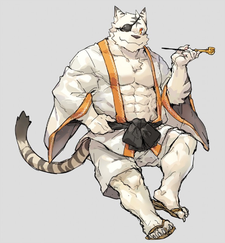 abs anthro black_nose clothed clothing eye_patch eyewear fur kemono male muscular muscular_anthro muscular_male pecs simple_background solo stripes white_body white_fur rpbbw domestic_cat felid feline felis mammal 2018 digital_media_(artwork)