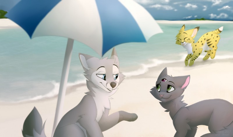 beach blue_eyes day detailed_background duo feral green_eyes group outside sand seaside sky izabella yana-r canid canine domestic_cat felid feline felis mammal artist_collaboration digital_media_(artwork) shaded