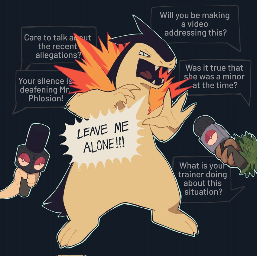 4_fingers anthro biped dialogue electronics fangs fingers group holding_microphone holding_object humor male microphone open_mouth speech_bubble teeth text trio dustifang 2024_pokemon_gigaleak nintendo pokemon generation_2_pokemon pokemon_(species) typhlosion 2024 digital_media_(artwork) english_text hi_res