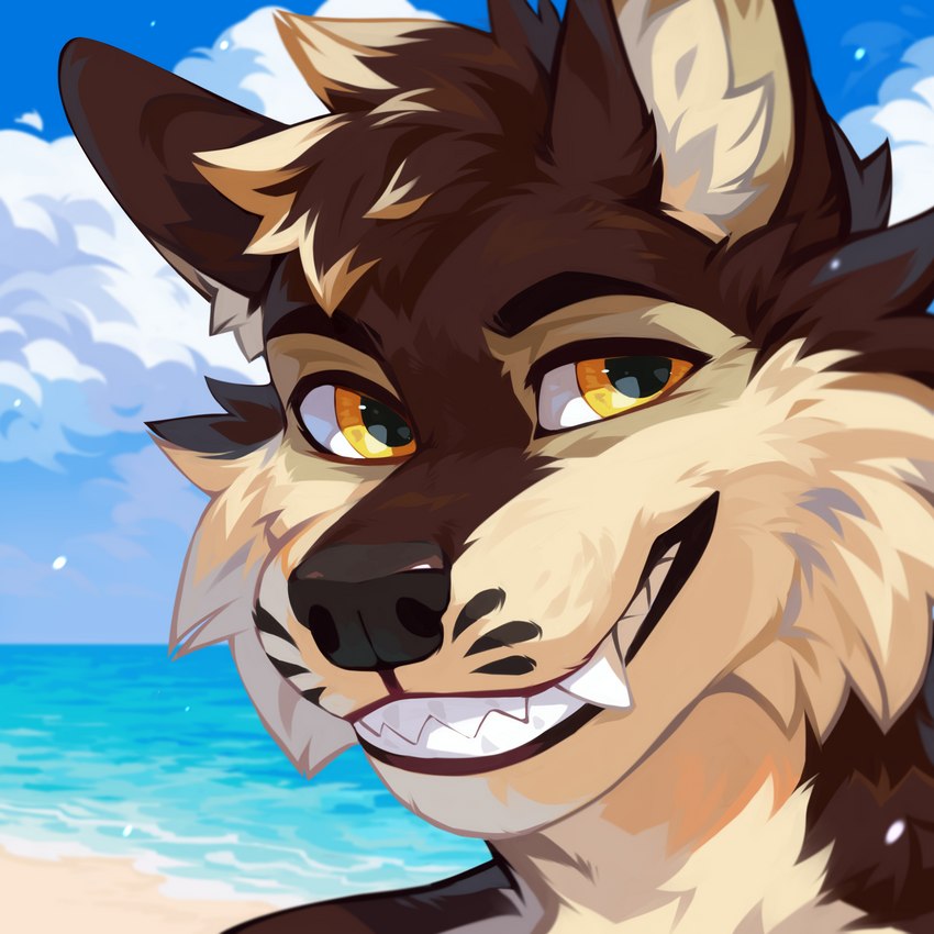 anthro beach blue_sky brown_body brown_fur cheek_tuft cloud facial_tuft fangs fur glistening glistening_eyes grin inner_ear_fluff looking_at_viewer male outside seaside sky smile solo tan_body tan_fur tan_inner_ear_fluff teeth tuft water yellow_eyes corzh77 tazz_(tazzthewolf) canid canine canis mammal wolf 1:1 bust_portrait hi_res portrait