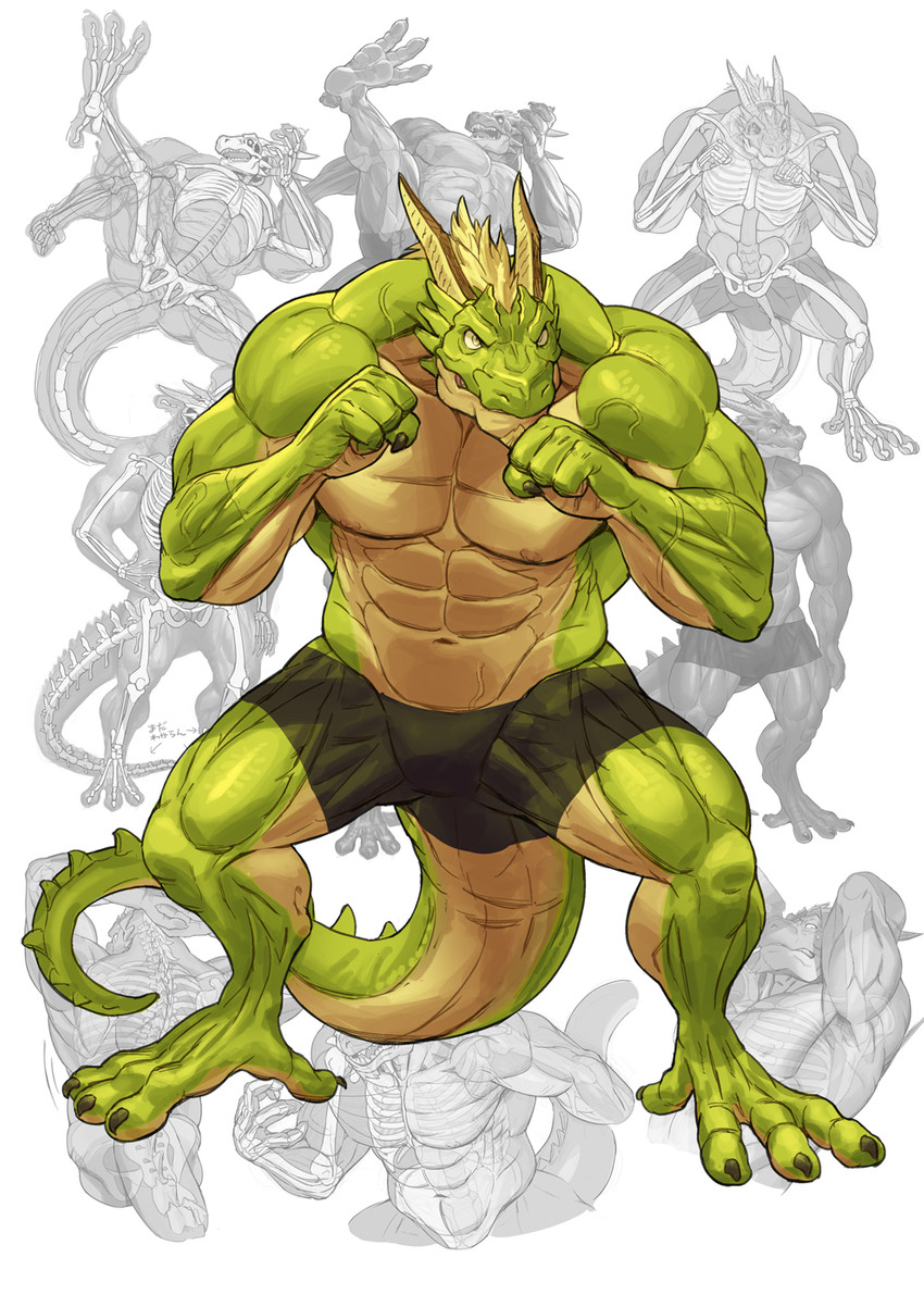 4_toes anisodactyl anthro big_muscles black_bottomwear black_clothing black_shorts bottomwear clothing countershade_torso countershading feet fist green_body male muscular muscular_anthro muscular_arms muscular_legs muscular_male pecs shorts solo tail toes vein veiny_muscles ymskk european_mythology mythology dragon mythological_creature mythological_scalie scalie western_dragon hi_res