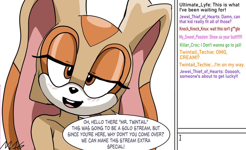 anthro bedroom_eyes exhibitionism female greeting narrowed_eyes nude seductive solo text young young_anthro magnamorous magnum3000 sega sonic_the_hedgehog_(series) cream_the_rabbit lagomorph leporid mammal rabbit english_text hi_res