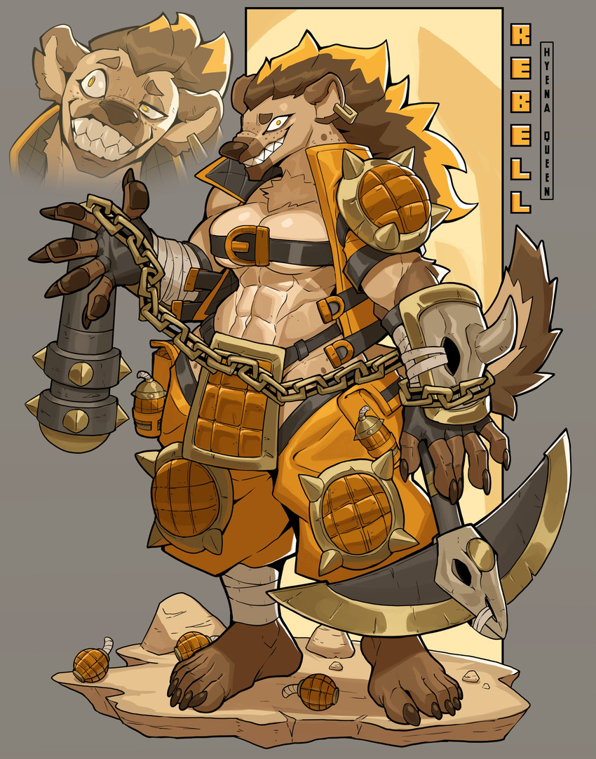 abs anthro armor axe barefoot belt_bra belted_breasts breasts chain claws crazy_eyes ear_piercing feet female flail holding_chain melee_weapon midriff muscular muscular_anthro muscular_female pauldron pawpads piercing sharp_teeth smile solo teeth under_boob weapon ceehaz dog_knight_rpg rebell_(ceehaz) hyena mammal spotted_hyena 2021 absurd_res hi_res