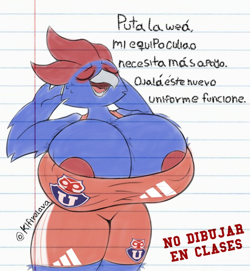 anthro big_breasts blue_body bodily_fluids breasts chunchito crossgender female huge_breasts la_u solo sportswear sweat text kifirelava avian bird humanoid owl hi_res spanish_text