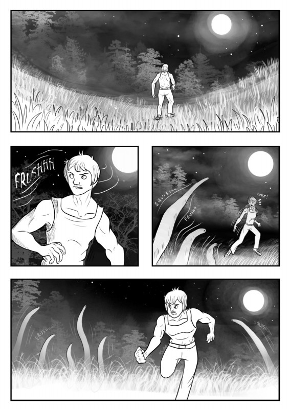 chasing facial_hair forest full_moon human_only male moon not_furry outside plant pre-transformation solo tentacles tree artic1010 altair human mammal comic greyscale hi_res monochrome