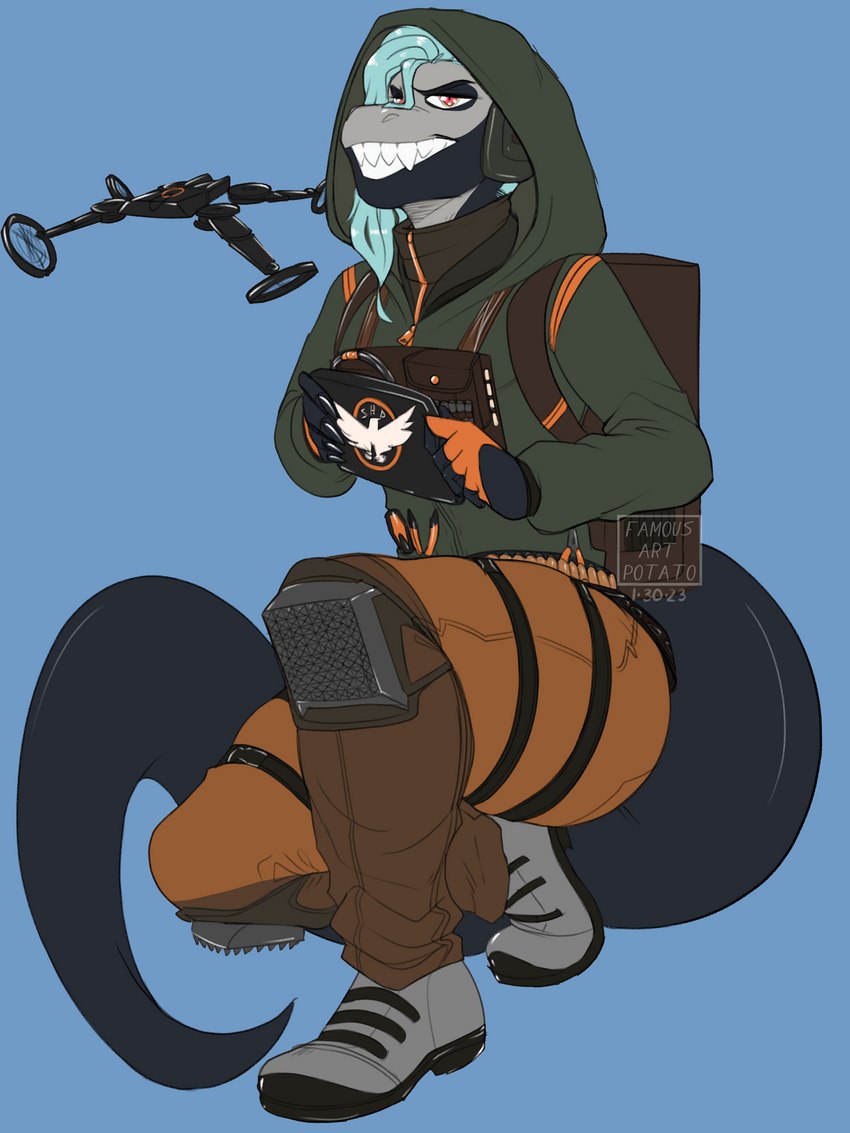 anthro clothing drone hoodie knee_pads male shaved_sides solo tablet_computer tactical_belt tactical_gear tactical_gloves topwear famousartpotato the_division tom_clancy's_(series) ubisoft xiro_decobray reptile scalie snake 3:4 absurd_res hi_res