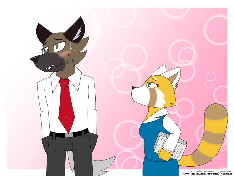 anthro blue_clothing blue_dress blush bottomwear clothed clothing dress dress_shirt duo grey_bottomwear grey_clothing grey_pants male necktie pants red_necktie shirt simple_background size_difference slacks topwear white_clothing white_shirt white_topwear djcoyoteguy aggretsuko sanrio haida_(aggretsuko) retsuko ailurid hyena mammal red_panda spotted_hyena 4:3 hi_res