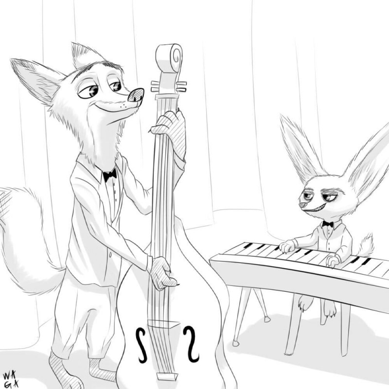 bowed_string_instrument double_bass duo keyboard_instrument male musical_instrument piano string_instrument w4g4 disney zootopia finnick_(zootopia) jazz nick_wilde canid canine fennec_fox fox mammal red_fox true_fox 1:1 greyscale monochrome