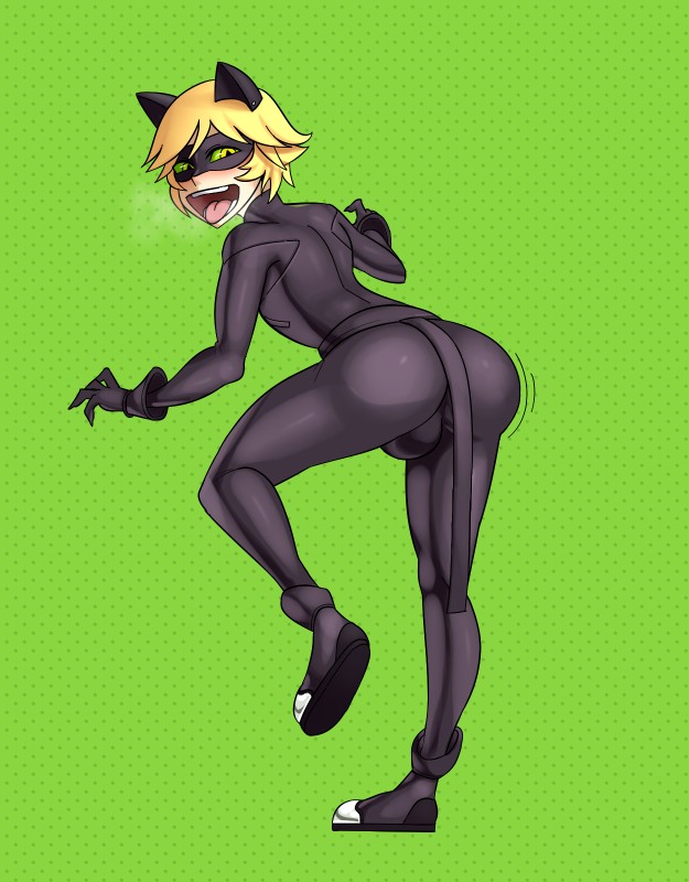 blonde_hair bulge butt clothing fake_cat_ears fake_ears fake_tail femboy green_eyes hair human_only latex male mask not_furry open_mouth solo suit octoboy miraculous_ladybug cat_noir human mammal hi_res