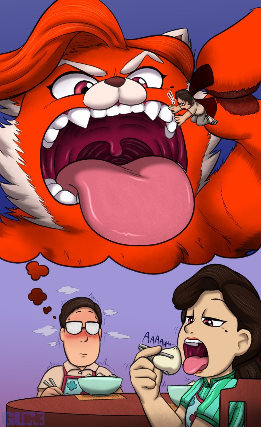 anthro anthro_pred blush claws dual_persona duo eating extreme_size_difference fangs fantasizing female female_pred finger_claws food fur human_prey husband_and_wife imminent_vore macro male male_prey married_couple mature_female oral_vore pawpads red_body red_fur size_difference teeth thought_bubble throat tongue tongue_out uvula vore gum-k disney pixar turning_red jin_lee_(turning_red) ming_lee_(turning_red) ailurid human mammal red_panda 2023 hi_res