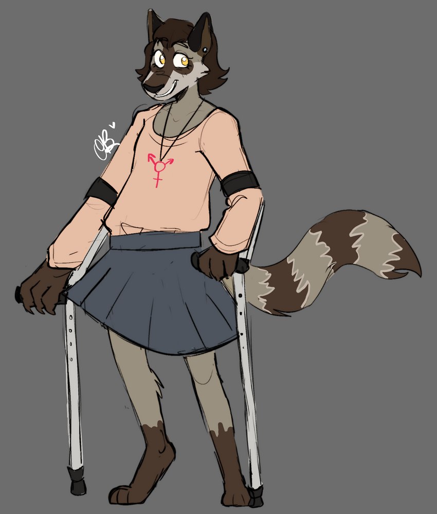 anthro bottomwear brown_body brown_fur brown_hair brown_markings clothing crutch disability ear_piercing female fur gender_symbol grey_body grey_fur grey_markings hair happy markings medical_instrument paws piercing scientific_instrument skirt smile solo sweater symbol topwear transgender_symbol white_body white_fur white_markings yellow_eyes insomniactix may_(zer0rebel4) mammal procyonid raccoon 2023 digital_media_(artwork) flat_colors hi_res sketch trans_(lore) trans_woman_(lore)