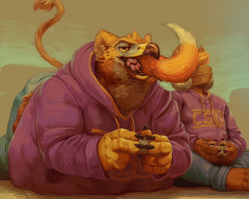 almost_fully_inside anthro barefoot beak bodily_fluids bottomwear claws clothed clothing controller denim denim_bottomwear denim_clothing duo_focus feathers feet fully_clothed fur gaming group horn inner_ear_fluff jeans lying male male/male male_pred multicolored_body nervous obese on_front oral_vore overweight pants partially_inside paws saliva saliva_string soft_vore sweatshirt tail trio tuft two_tone_body vore yellow_eyes nommz mythology derek_(indigorho) nommz_(character) ambiguous_species avian dragon furred_dragon furred_scalie gryphon mythological_avian mythological_creature mythological_scalie scalie 5:4 digital_media_(artwork) digital_painting_(artwork)