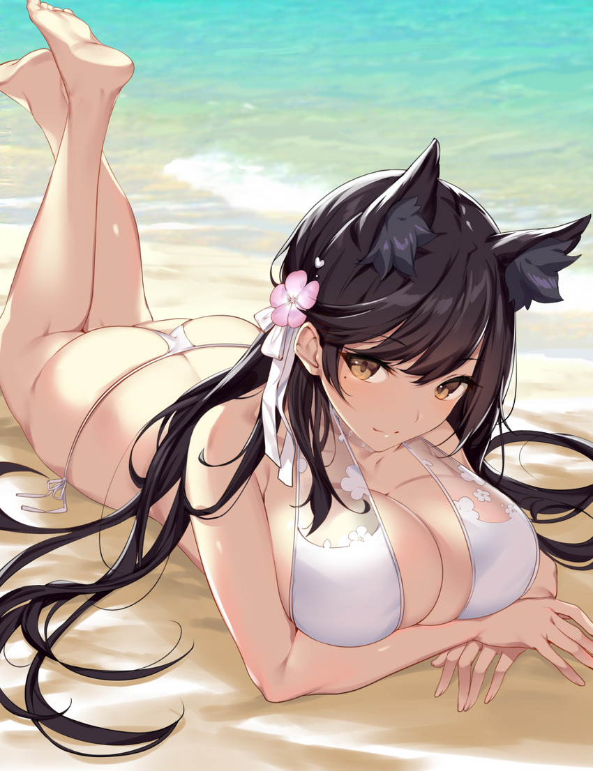 accessory barefoot beach big_breasts bikini black_hair breasts cleavage clothed clothing feet female flower flower_in_hair hair hair_accessory humanoid_feet markings mole_(marking) plant plantigrade seaside soles solo swimwear two-piece_swimsuit water yellow_eyes ikomochi azur_lane atago_(azur_lane) animal_humanoid canid canid_humanoid canine canine_humanoid fox_humanoid humanoid mammal mammal_humanoid 2020 hi_res